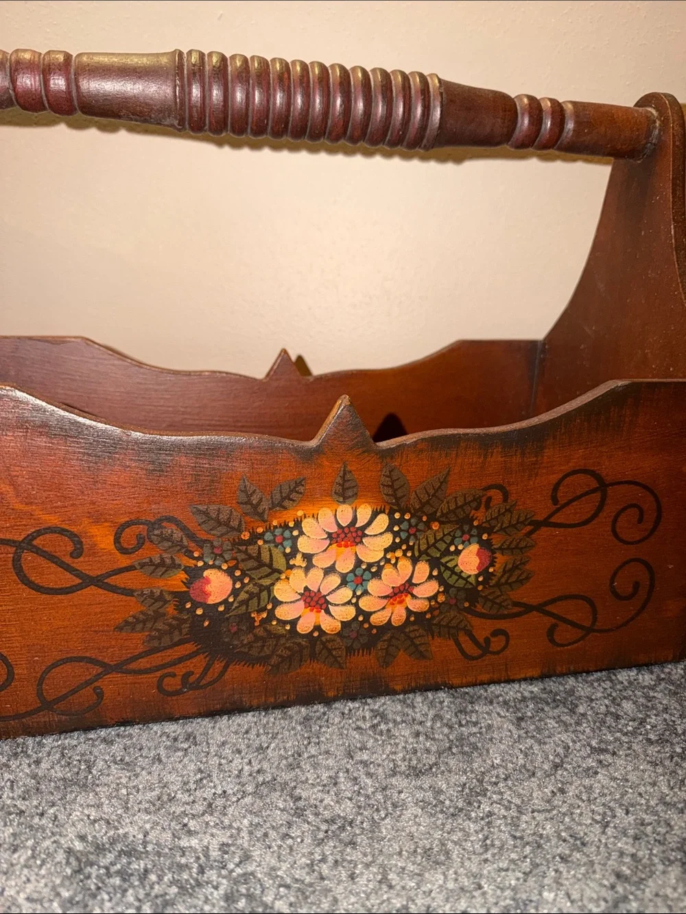 Vintage Wooden Hand-Painted Floral Caddy Storage Magazine Holder Box